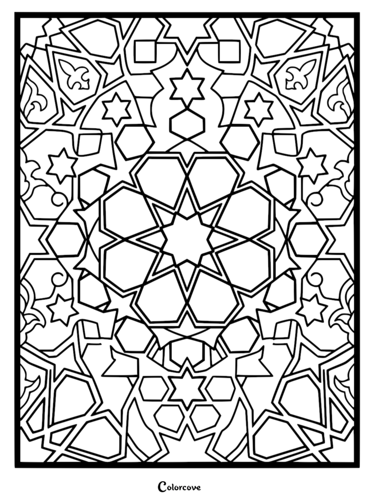 A complex geometric coloring page featuring an intricate Islamic-style star pattern with interlocking hexagons and floral motifs.