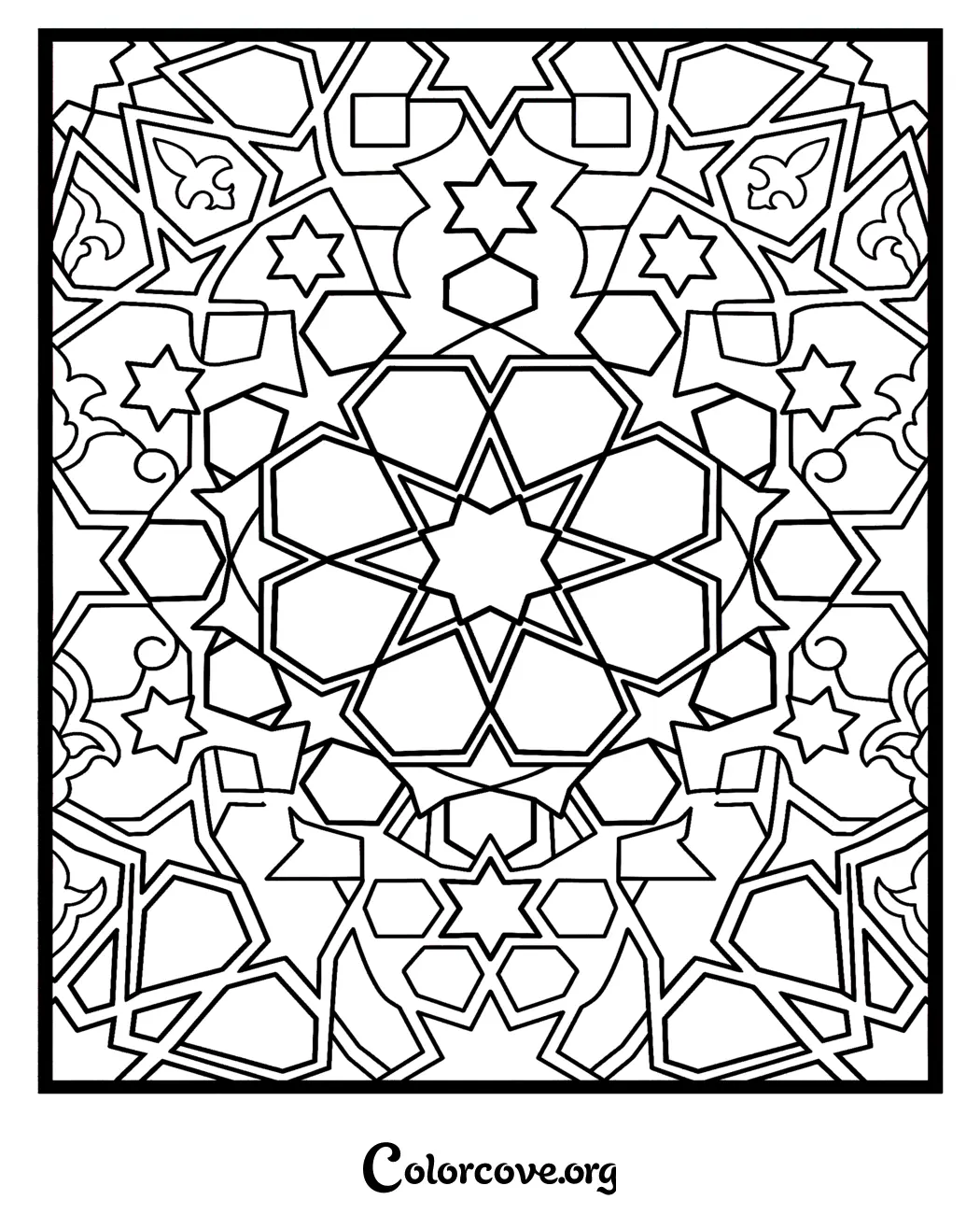 Unwind with this beautiful, intricate geometric pattern coloring page. Download and print this detailed star-themed design for free to enjoy a mindful and relaxing creative activity.