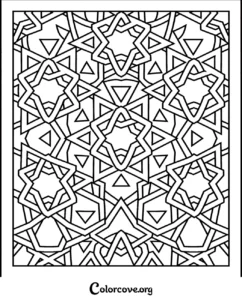 A complex geometric star pattern coloring page featuring intricate interlaced shapes for adults and kids.
