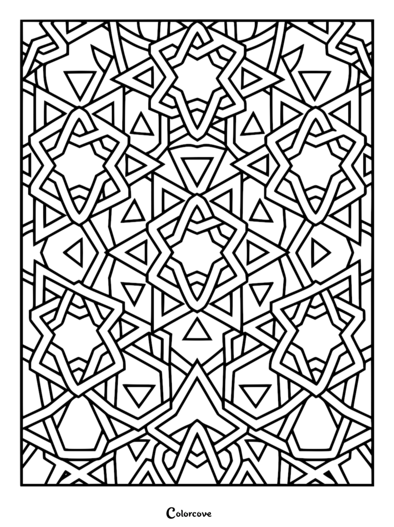 Intricate geometric coloring page featuring interlocking eight-pointed stars and triangular shapes in a repeating Islamic-inspired pattern.