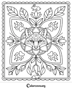 An intricate fox and rabbit mandala pattern coloring page featuring floral elements and animal tracks, perfect for relaxation and mindfulness.