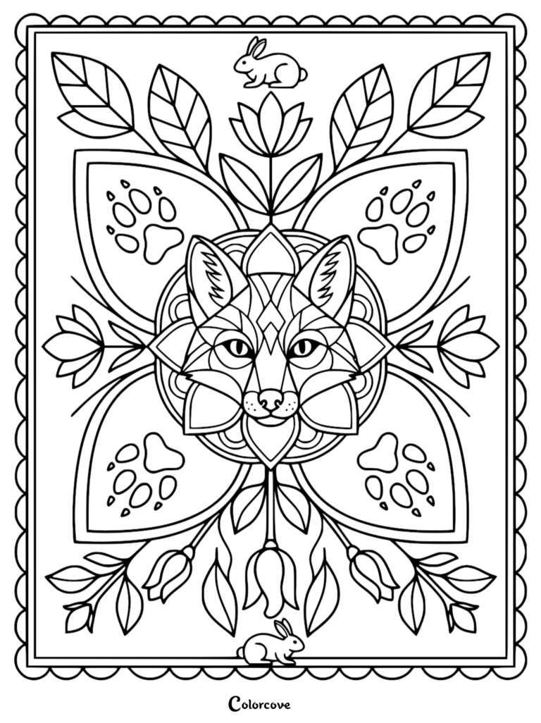 A geometric fox face centered in a floral mandala coloring page with rabbit silhouettes and paw prints.