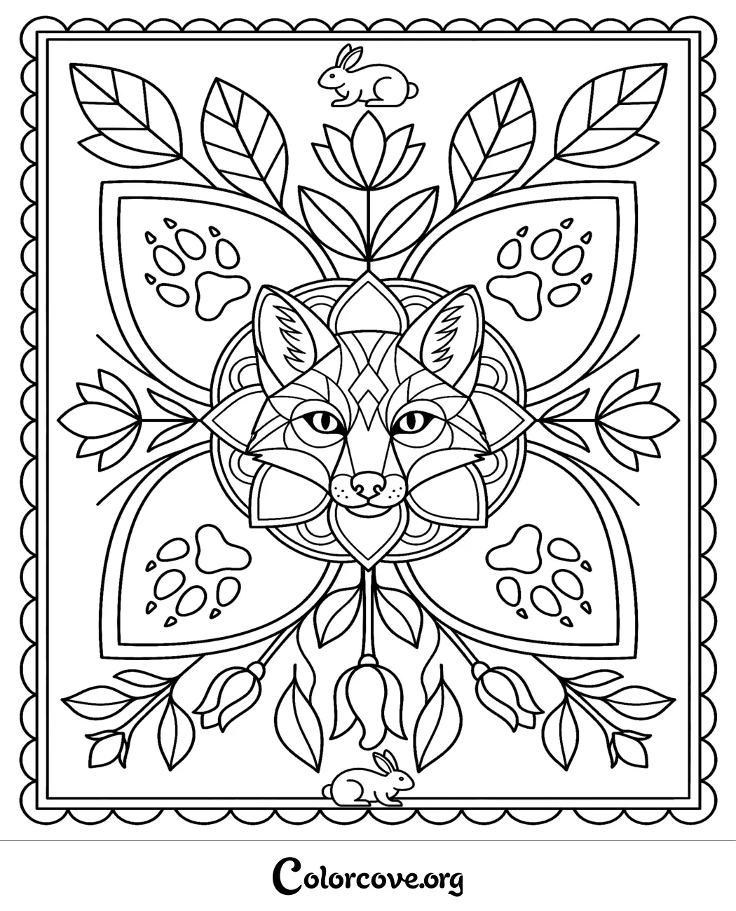 Unwind with this beautiful fox and rabbit mandala pattern coloring page. Featuring geometric animal designs and floral motifs, this printable is perfect for both kids and adults looking for a creative escape.