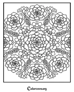 A detailed succulent mandala pattern coloring page featuring layered desert plants arranged in a circular floral design for stress relief.