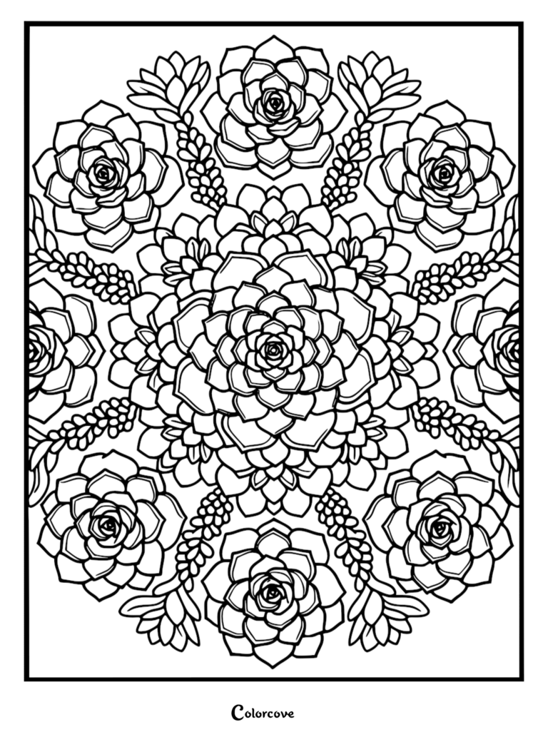 Intricate succulent mandala coloring page featuring a central rosette surrounded by six smaller echeveria plants and beaded vine accents.