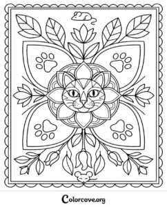 A detailed mandala-style coloring page featuring a cat face surrounded by floral patterns, paw prints, and small mice, perfect for kids and adults.