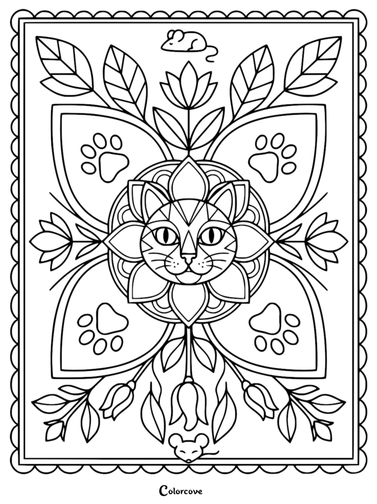 Intricate cat mandala coloring page featuring a feline face surrounded by floral petals, paw prints, and small mice.