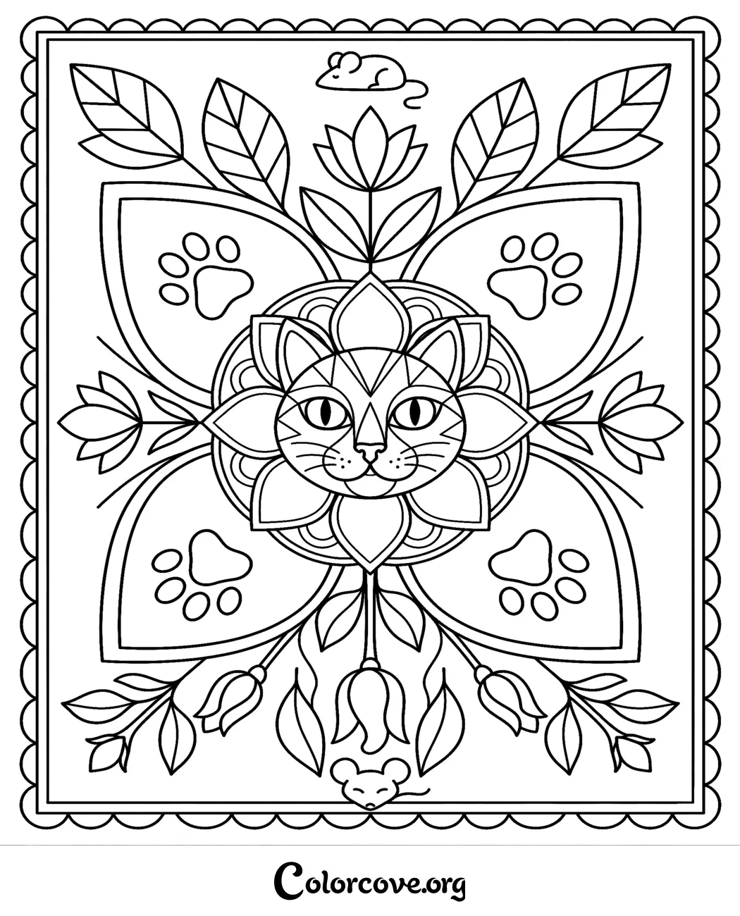 Unwind with this intricate floral cat pattern coloring page, featuring elegant botanical details, cute paw prints, and playful mice. Print this creative coloring sheet for free in seconds for a relaxing art activity.