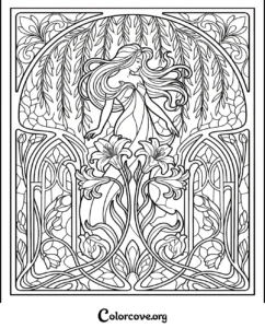 An intricate Art Nouveau style coloring page featuring an elegant woman surrounded by flowing willow branches and blooming lilies in a decorative pattern design.
