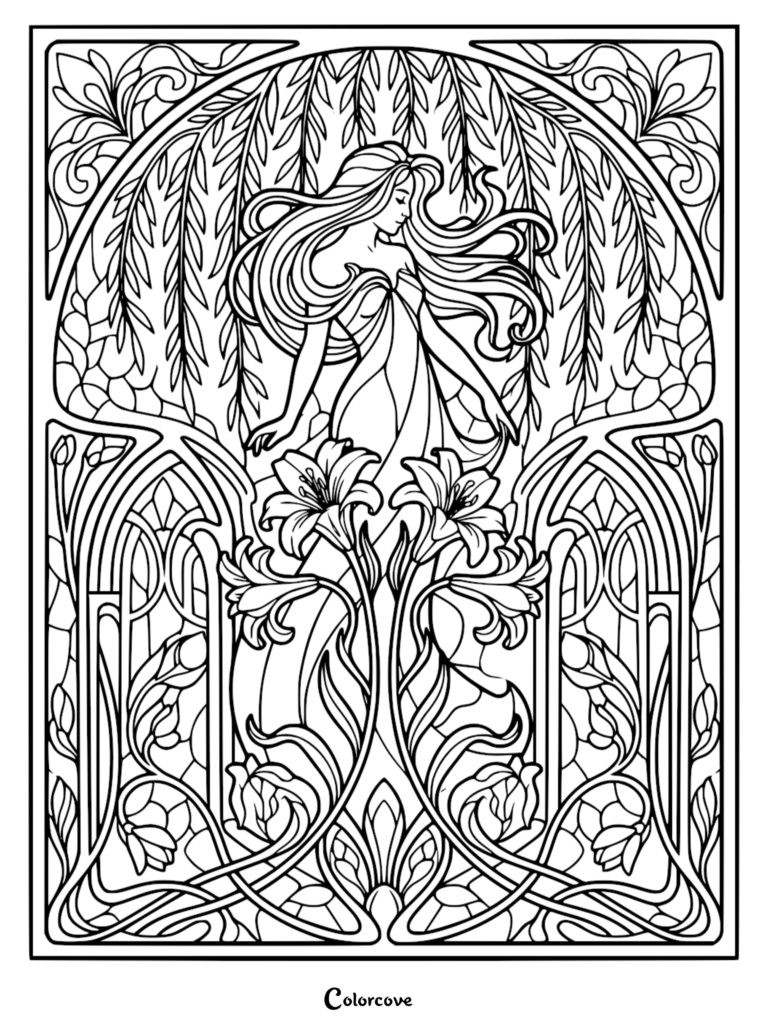 Art Nouveau style coloring page featuring a graceful woman with flowing hair surrounded by weeping willow branches and large lily flowers in a decorative frame.