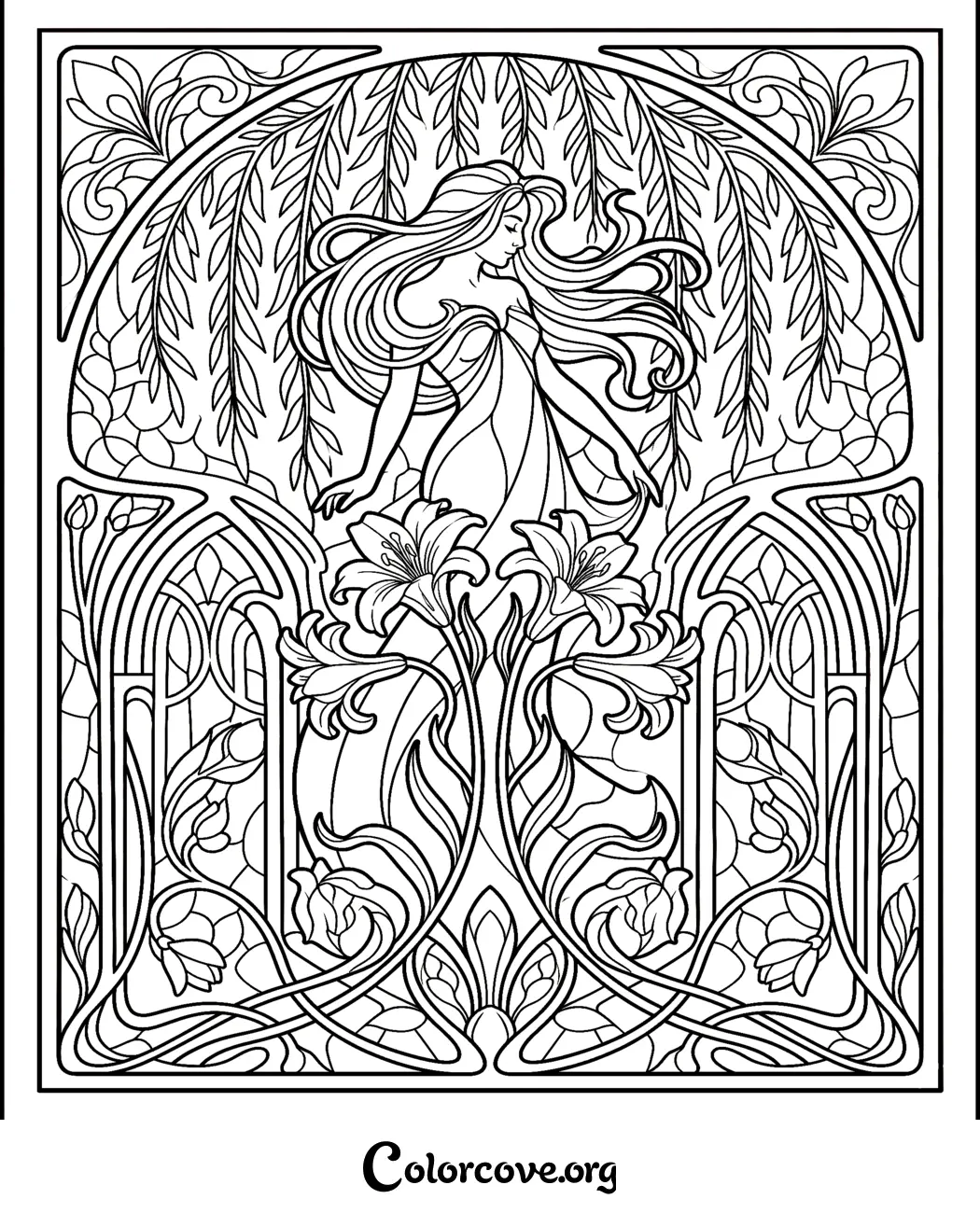 Immerse yourself in elegance with this detailed Art Nouveau woman coloring page. This free, printable pattern features graceful botanical elements and flowing lines, perfect for relaxing adult coloring.