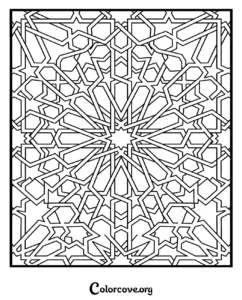 A complex and intricate geometric Islamic star pattern coloring page featuring symmetrical lines for adults and teens to color.