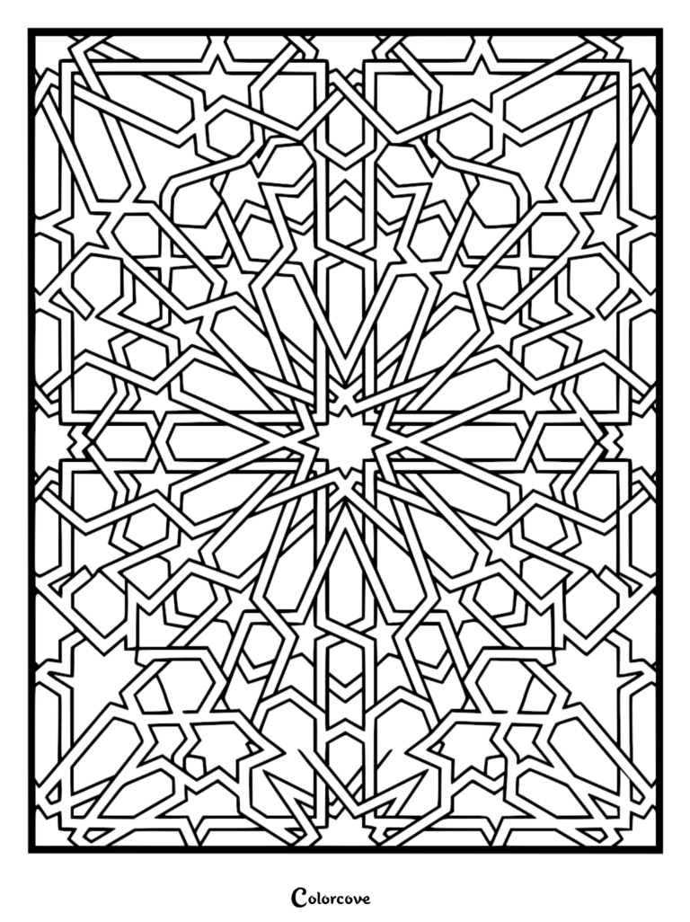 Intricate geometric star pattern coloring page featuring interlocking lines and complex symmetry.