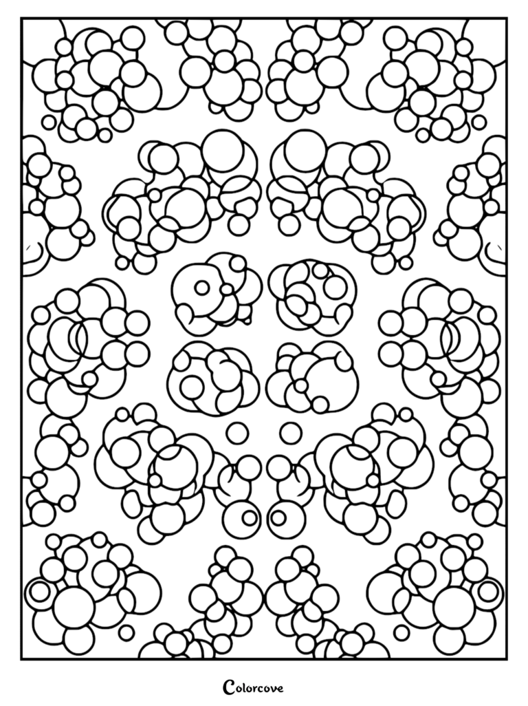 A symmetrical coloring page featuring a repeating pattern of overlapping circular bubble clusters in black and white line art.