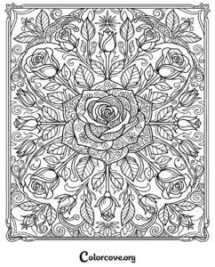 A beautiful, detailed rose flower mandala pattern coloring page with swirling leaves and ornate floral designs, perfect for adult coloring enthusiasts.