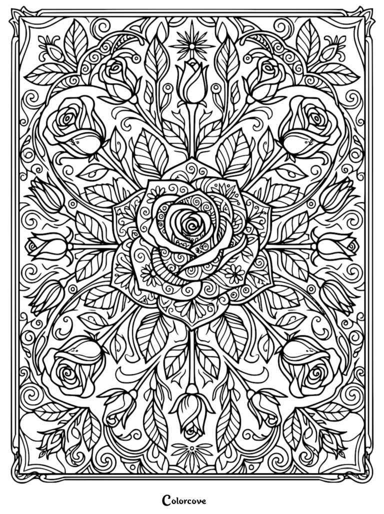 A detailed floral coloring page featuring a large central rose surrounded by symmetrical rosebuds, leaves, and swirling filigree patterns.