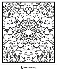 A detailed geometric Islamic pattern coloring page featuring intricate star shapes and symmetrical motifs for adults and teens.