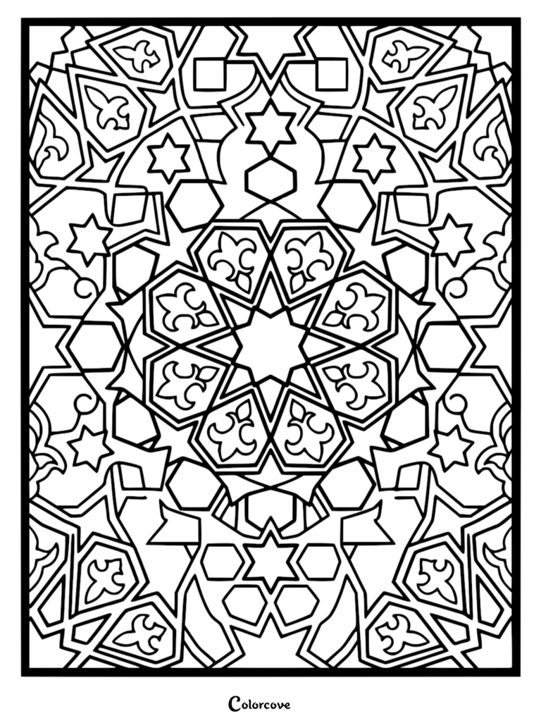 Intricate geometric Islamic pattern coloring page featuring interlocking stars, hexagons, and stylized fleur-de-lis motifs in a symmetrical grid.