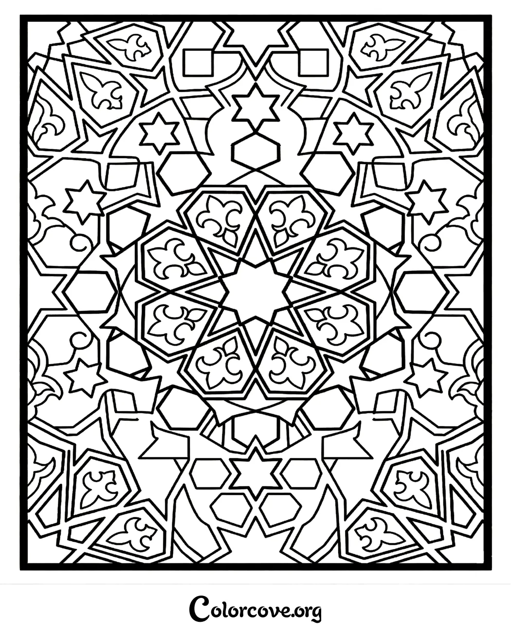 Unwind with this intricate geometric pattern coloring page. Download and print this beautiful, culturally-inspired design to explore your creativity with colors.