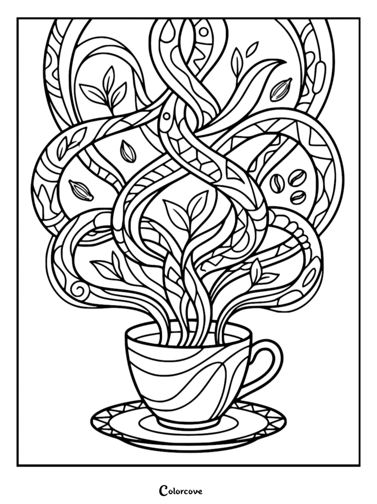 Intricate coloring page featuring a coffee cup with swirling steam, coffee beans, and botanical leaves in a decorative pattern.