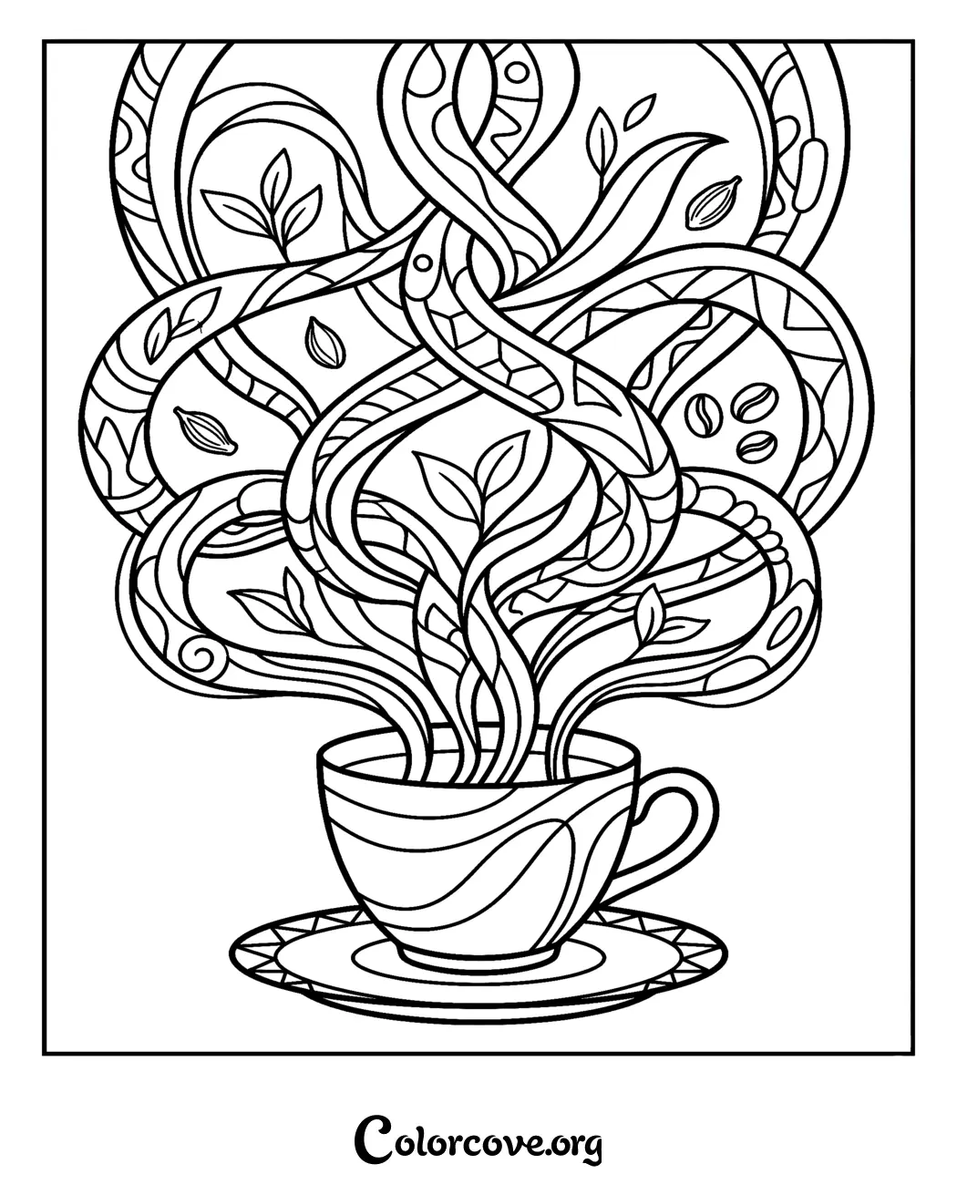 Relax and unwind with this beautiful steaming coffee cup coloring page featuring intricate patterns and coffee beans. Download and print this high-quality design in seconds for free.