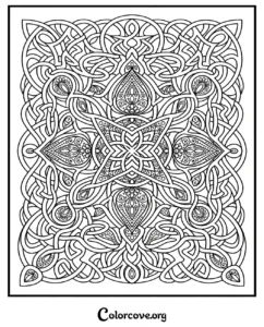 An intricate Celtic knot pattern coloring page featuring symmetrical interlacing lines and ornate decorative details for advanced colorists.