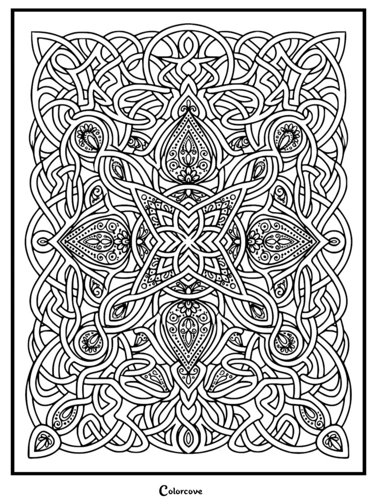 A complex Celtic knotwork coloring page featuring interlacing lines, teardrop-shaped paisley motifs, and symmetrical geometric floral elements.