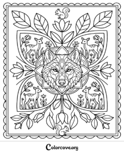 A detailed woodland pattern coloring page featuring a central wolf, deer fawns, and squirrels in a floral mandala design.