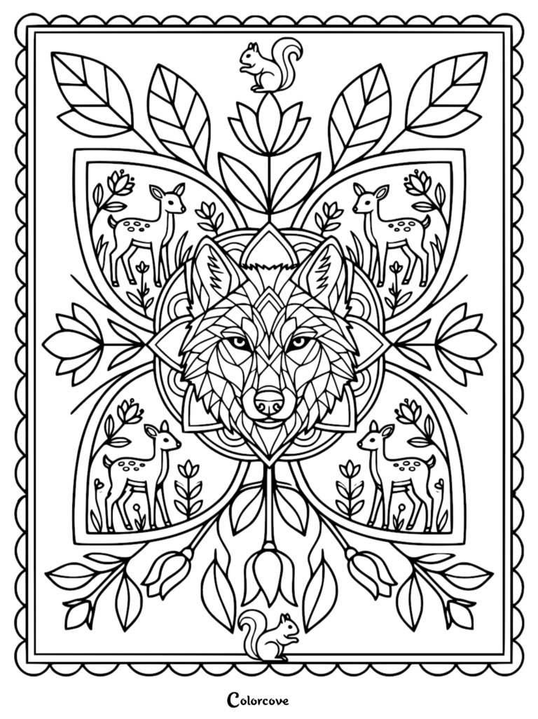 A geometric wolf head centered in a floral mandala pattern with four fawns and two squirrels in a printable coloring page.