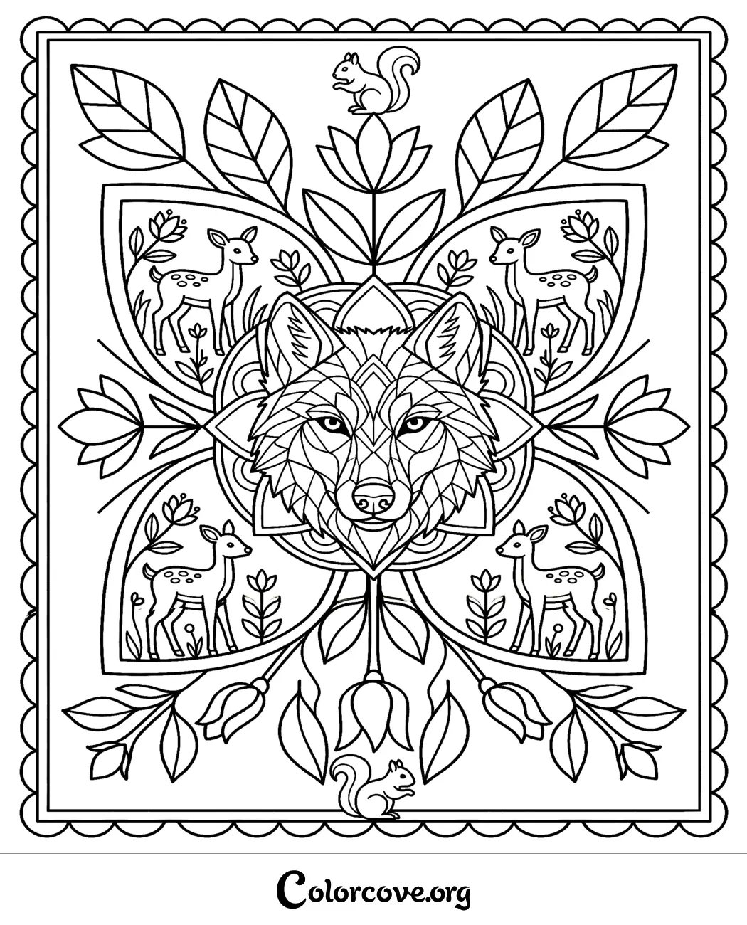 Unwind with this intricate forest-themed pattern coloring page featuring a geometric wolf surrounded by graceful deer and squirrels. Print this artistic nature scene for free and enjoy a relaxing coloring experience today.