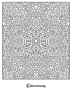 A complex stained glass inspired geometric pattern coloring page for adults and teens featuring intricate tessellating shapes.