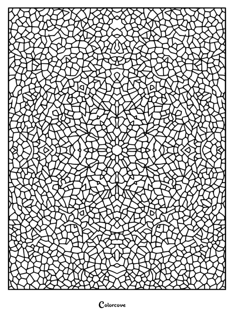 A complex stained glass mosaic pattern coloring page featuring irregular geometric shapes and a symmetrical radial design.