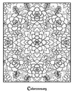 A detailed succulent and floral mandala-style pattern coloring page for adults and kids, featuring intricate botanical illustrations.