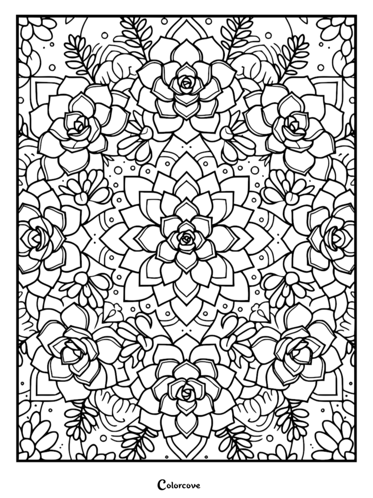 A symmetrical coloring page featuring a repeating pattern of layered succulent rosettes and small leaves.