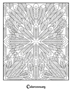 A detailed mandala coloring page featuring a repeating feather pattern for adults and kids to print and color.