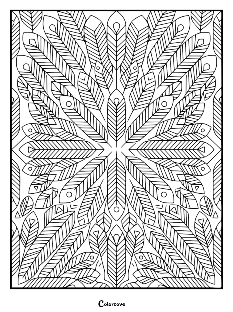 A symmetrical coloring page featuring a radial arrangement of stylized feathers with central eye details and striped textures.