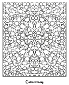 A printable abstract mandala coloring page featuring a pattern of rounded river stones and pebbles with subtle spiral details.