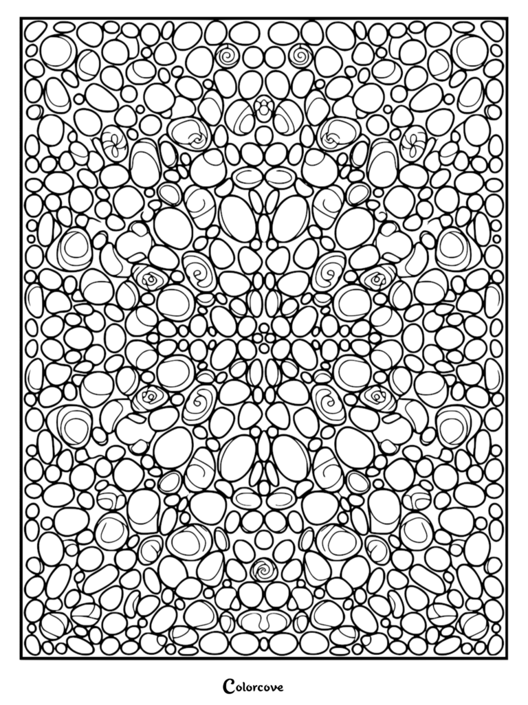 A printable coloring page featuring a symmetrical mandala pattern composed of smooth, rounded river stones and small spiral accents.