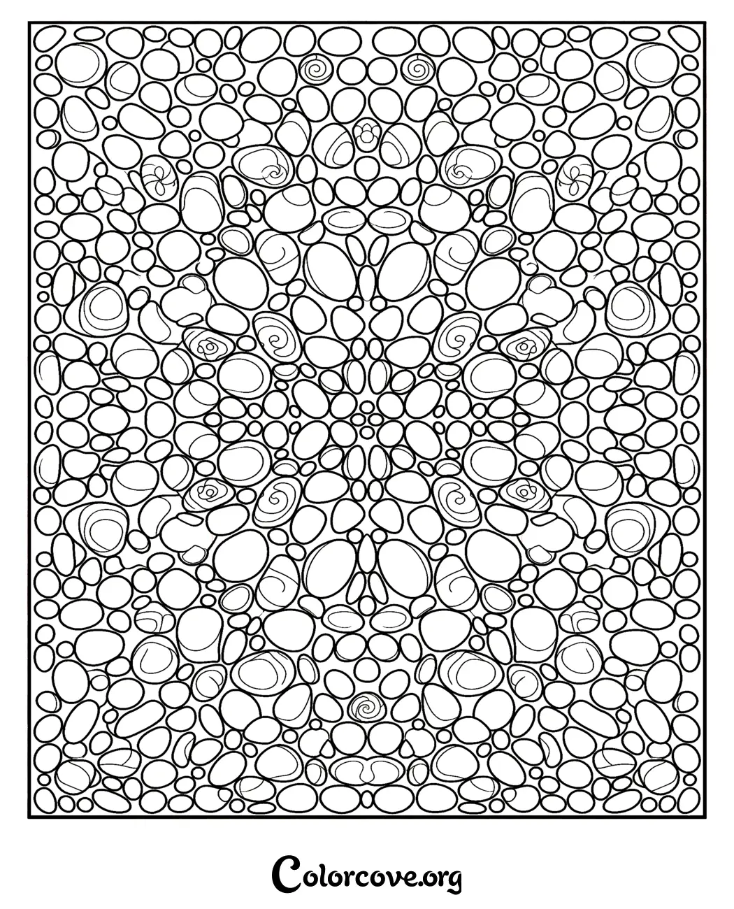 Relax and unwind with this intricate pebble-themed pattern coloring page. Download and print this beautiful geometric design instantly for a mindful and creative coloring experience.