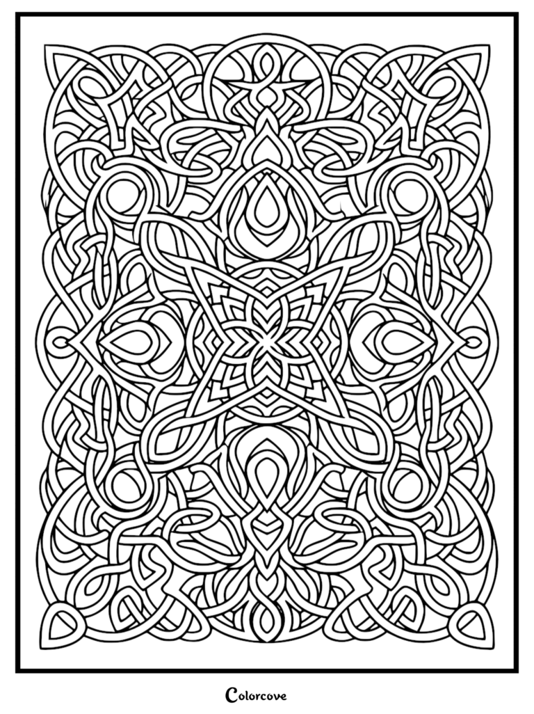 A complex black and white Celtic knotwork coloring page featuring symmetrical interlacing lines and teardrop shapes.