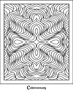 A complex abstract wavy pattern coloring page with symmetrical flowing lines for relaxing adult coloring.