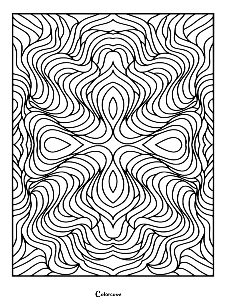 A symmetrical abstract coloring page featuring flowing, undulating wavy lines that create a hypnotic, organic ripple effect.