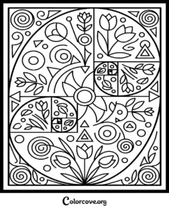 Intricate Fibonacci spiral geometric pattern coloring page for adults featuring floral tulip elements and abstract shapes.