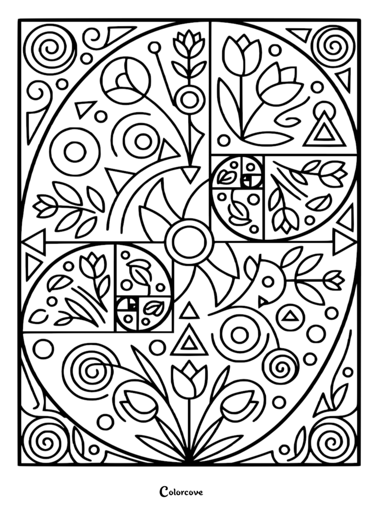 A geometric coloring page featuring a Fibonacci spiral pattern filled with stylized tulips, circles, and triangles.