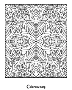 A detailed peacock feather pattern coloring page featuring intricate mandala-style designs for stress relief and adult coloring enthusiasts.