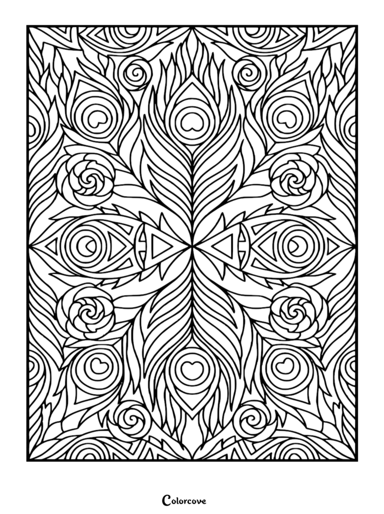 Intricate peacock feather pattern coloring page featuring symmetrical eye motifs and swirling floral accents in bold black lines.