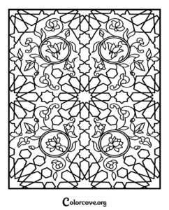 An intricate geometric and floral mandala-style pattern coloring page for adults and kids featuring lotus flowers and decorative shapes.