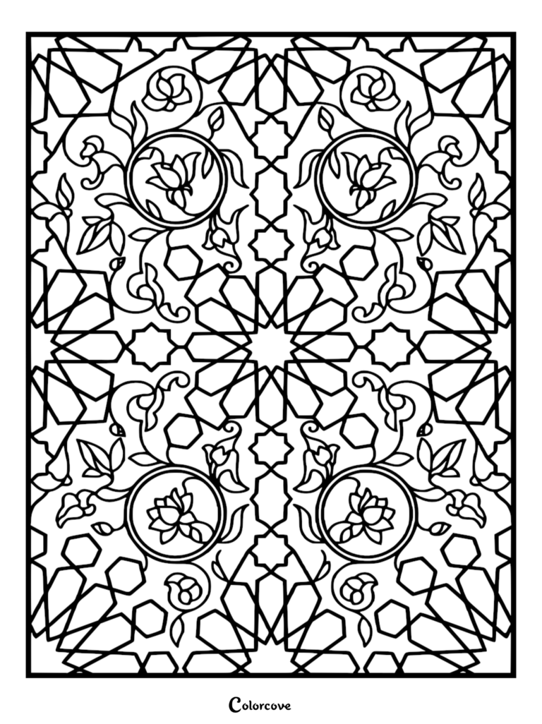 Intricate Islamic geometric pattern coloring page featuring repeating star shapes, hexagons, and stylized lotus flowers inside circular frames.