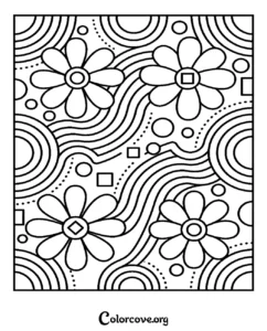 A printable abstract coloring page featuring flowers, wavy lines, geometric shapes, and circular patterns for adults and kids.