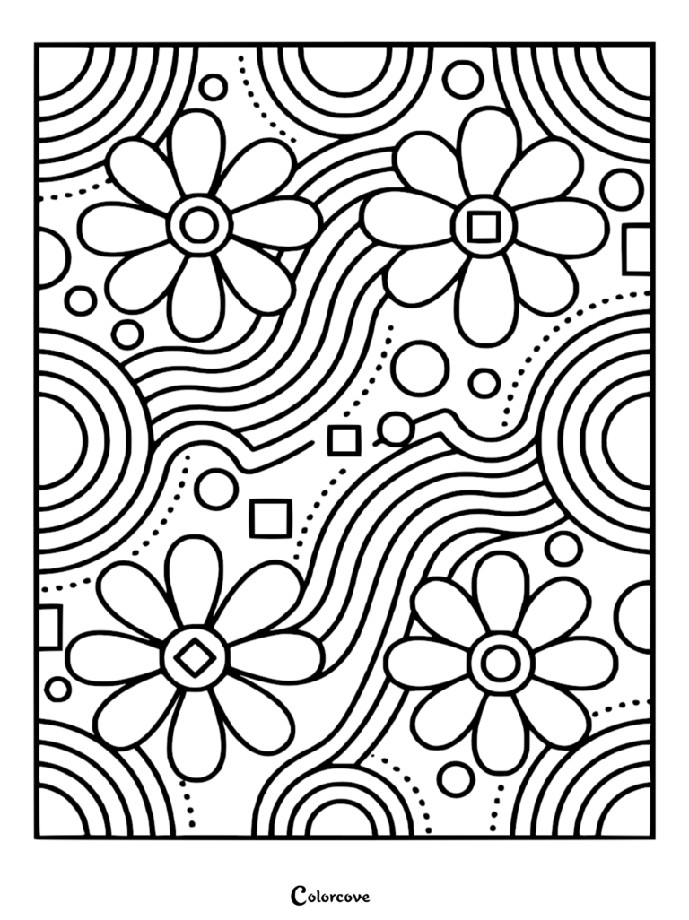 Abstract floral pattern coloring page featuring daisies, concentric circles, wavy lines, and geometric shapes.